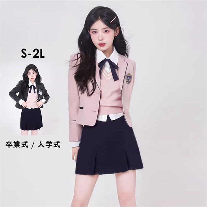 卒業式 入学式 レディース フォーマル 5点セット ジャケット ベスト シャツ スカート リボン 通年対応 S-2L ピンク グレー