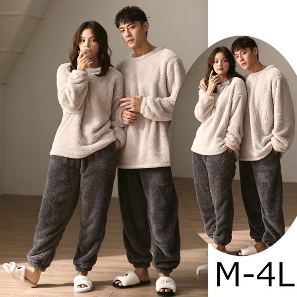 ペアルック ベージュ×グレー もこもこ パジャマ ルームウェア シンプル ギフト プレゼントにも M～4L メンズ/レディース