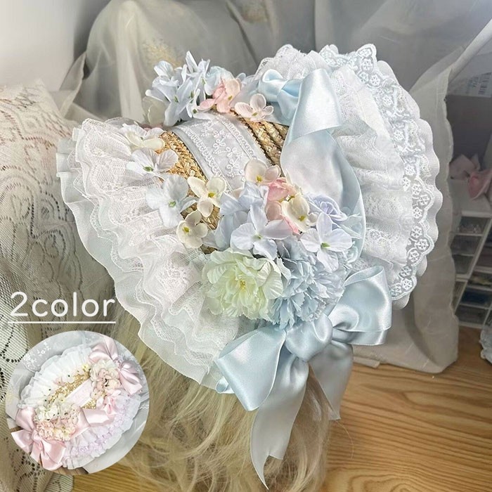ロリータ ハット フラワー付き レース ボンネット 青 ピンク リボン ストローハット ロマンティック ロリータファッション 結婚式 発表会 ガーリー おしゃれ ヘッドドレス 花飾り レディース 可愛い コスプレ おしゃれ小物