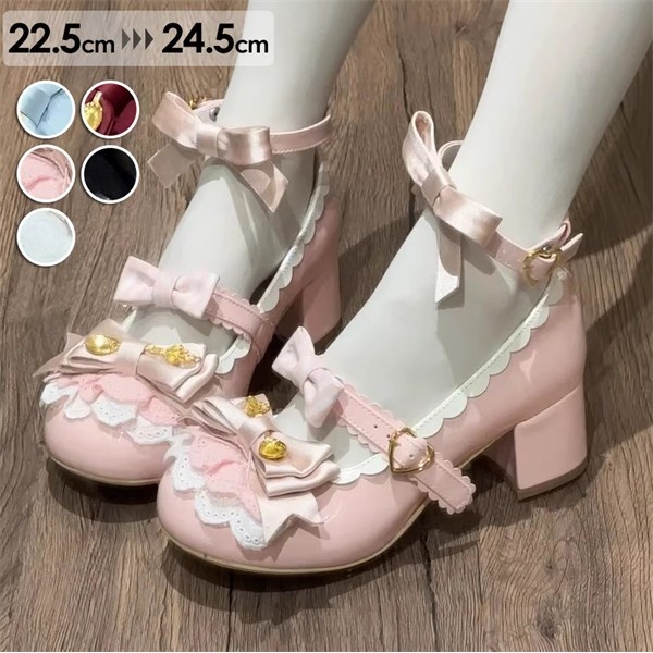 ロリータ靴 甘ロリータ ロリータパンプス リボン 森ガール 可愛い お姫様 お嬢様 レディースシューズ フリル 文化祭 イベント ロリータ ゴスロリ ライブ 小さいサイズ  ブルー ホワイト ブラック ピンク レッド 22.5-25.0cm