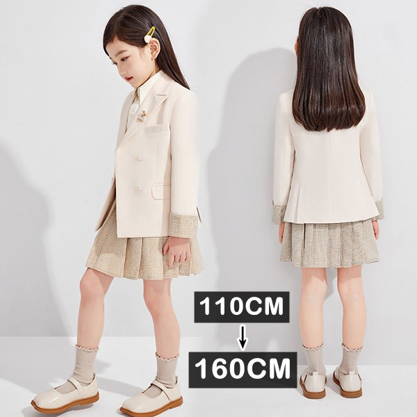 かわいい女児用キッズスーツ | 卒業式・入学式・七五三・結婚式に最適 | ベージュのジャケットとスカートのフォーマルスーツ | 110-160サイズ選べる | 卒園式・入園式・発表会にもぴったり