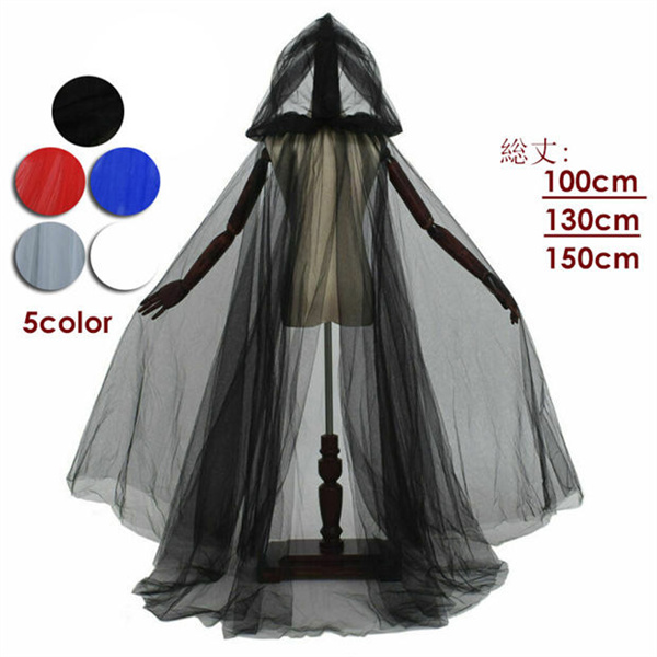 ブラック ホワイト チュール生地 フード付きマント 100cm 130cm 150cm 高品質 イベント用ロングマント 演出向け 新劇衣装 魔法使い ローブ サタン デビル ホラー 仮装コスチューム