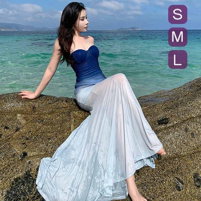 人魚姫 ドレス ロング丈 グラデーション ブルー ワンピース パーティードレス 仮装 袖なし S M L 大人 20代 30代 40代 可愛い お洒落 小柄 ふんわり フェミニン 薄手 リゾートファッション
