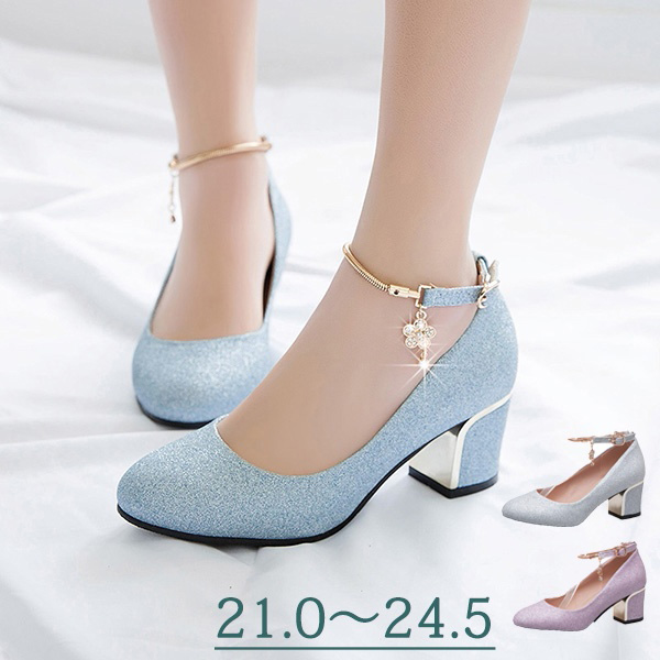 キラキラ パンプス ハイヒール 5cm パーティーシューズ 小さいサイズ アンクルストラップ パープル/シルバー/ブルー 結婚式/発表会