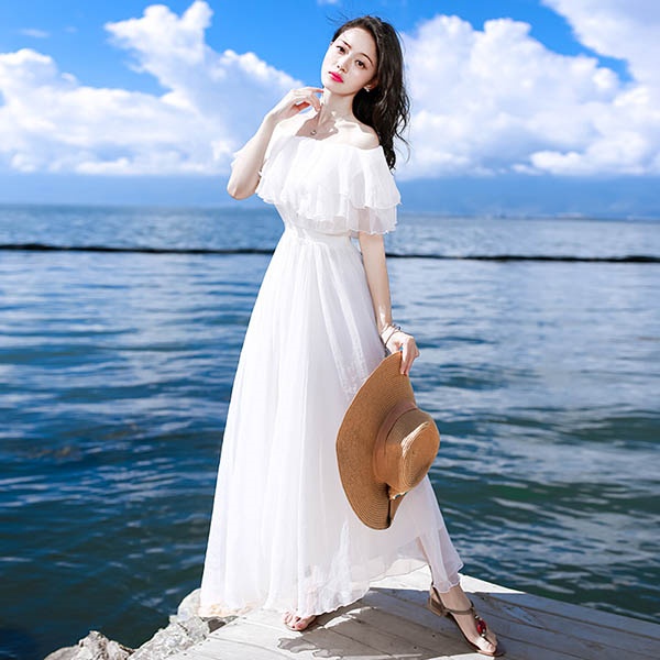 ワンピース レディース 夏 2way オフショルダー 白ワンピース ミモレ丈 フリル Aライン きれいめ リゾートワンピ 旅行 デート用 S/M/L