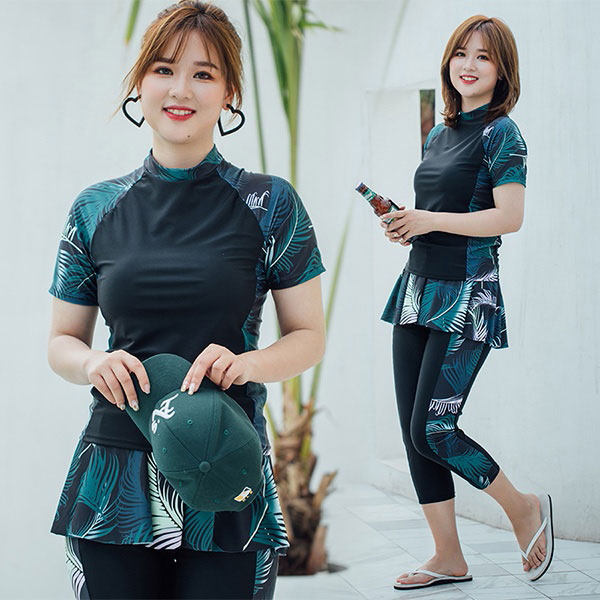 半袖 フィットネス水着 セパレート ぽっちゃりさん レディース 大きいサイズ 3点セット スカート付き 2L/3L/4L/5L
