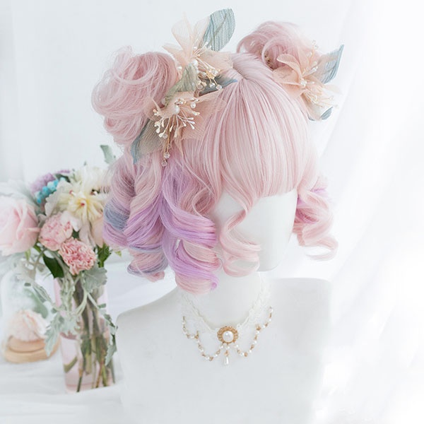 ウィッグ ロリータ コスプレウィッグ 短髪 可愛い 原宿風 メッシュ グラデーション 耐熱 ぱっつん前髪 団子付き ショート ピンクパープル コスチューム レディース