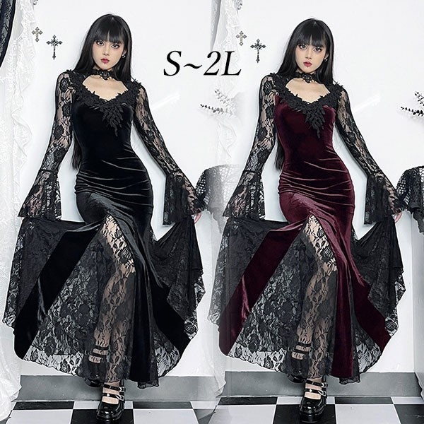 仮装 ワンピース ハロウィン衣装 ハロウィン 魔女 ダーク系 ゴシック風 レース コスプレ cos 個性的 コスチューム パーティー 文化祭 学園祭 演出服 舞踏会