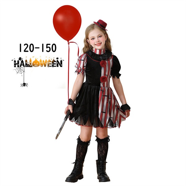 ハロウィン 子供 コスプレ 衣装 女の子 小丑 ピエロ 仮装 ワンピース キッズ パーティー コスチューム 文化祭 学園祭 発表会 イベント 演劇 可愛い 怖い 120 130 140 150