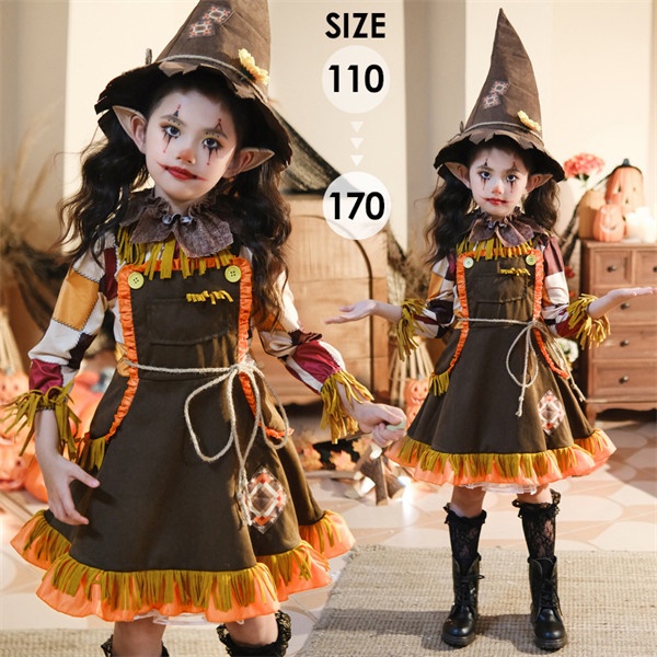 ハロウィン 女の子 稲妻風 コスプレ キッズ 衣装 かかし風 ドレス かぼちゃ風 仮装 子供用 ワンピース 農場風 コスチューム 秋 イベント 発表会 かわいい ステージ衣装 ハット付き 110 120 130 140 150 160 170