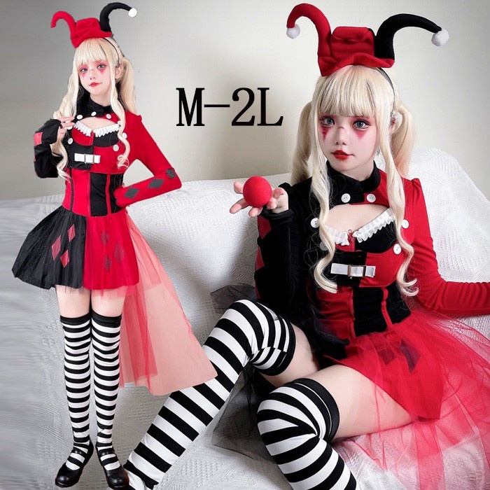 コスプレ 衣装 レディース ハロウィン ワンピース トップス キッズ ガールズ M L XL 赤黒 ジョーカー ピエロ風 仮装 ドレス 可愛い コスチューム 文化祭 学園祭 パーティー イベント 発表会 舞台 演出 ハロウィン仮装