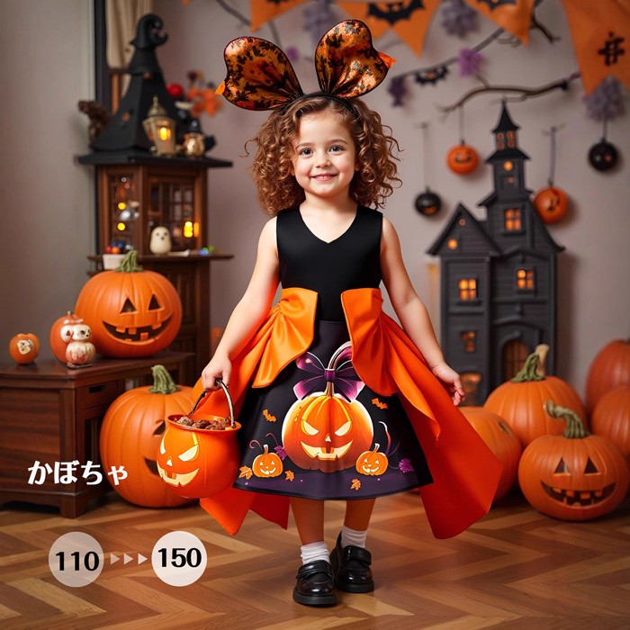 ワンピース ハロウィン キッズ 子供ドレス 女の子 ジャックオーランタン かぼちゃ プリンセスドレス ブラック オレンジ リボン 110cm 120cm 130cm 140cm 150cm 秋 仮装 コスプレ パーティー