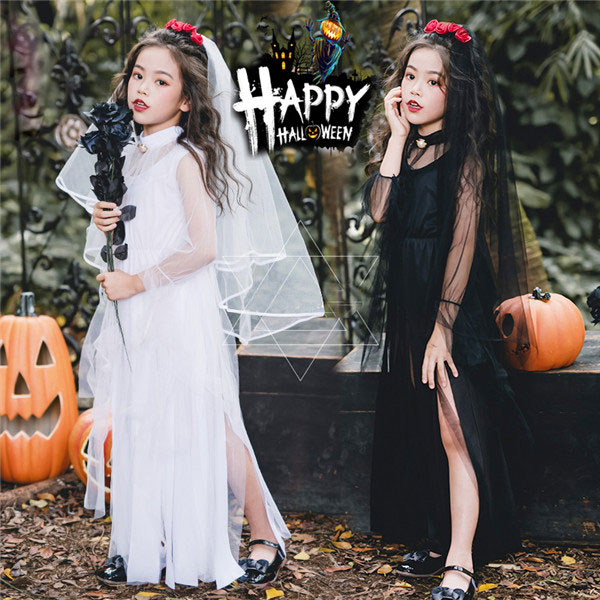 子供 ハロウィン 仮装 3点セット 魔女 女の子 黒 白 ボロボロ ドレス ヴァンパイア 花嫁  110〜150cm