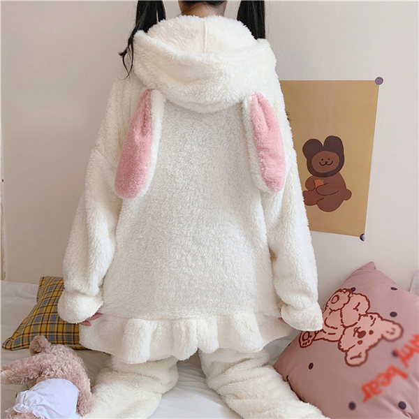 うさ耳 フード付き もこもこ パジャマ 真っ白 ふわふわ ポケット付き
