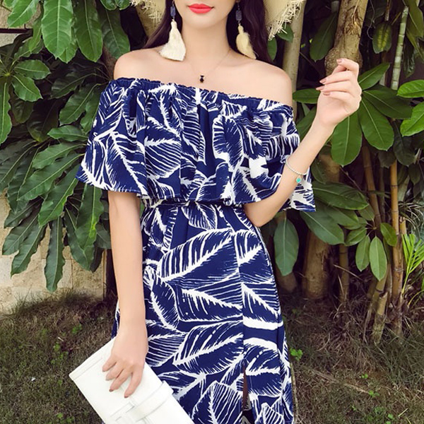 ハワイ リゾートワンピース 大人かわいい オフショルダー 夏用 スリット入り フリル 花柄 沖縄 リゾート 結婚式 きれいめ