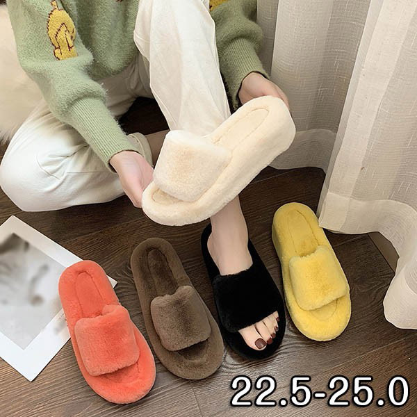 ふわふわ もこもこ スリッパ ファーサンダル 厚底 室内/室外 レディース ローヒール ベージュ/イエロー/オレンジ/ブラック/ブラウン